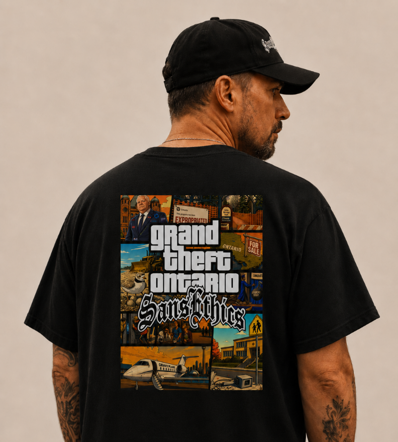 Person wearing a black t-shirt with 'Grand Theft Ontario' graphic on the back.