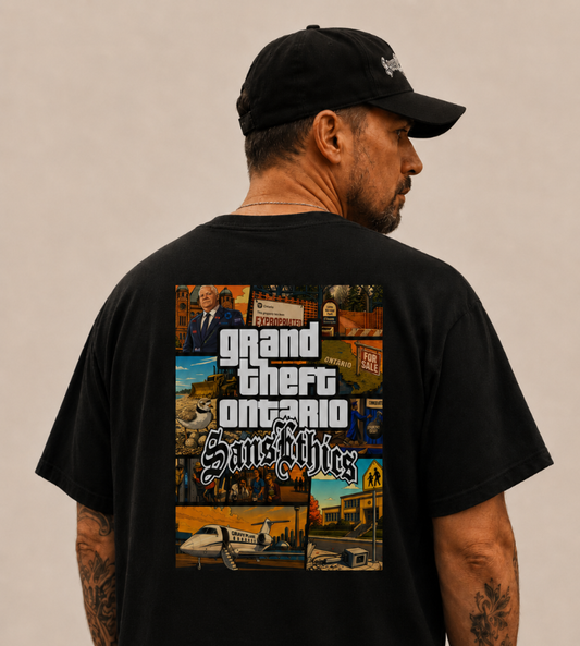 Person wearing a black t-shirt with 'Grand Theft Ontario' graphic on the back.