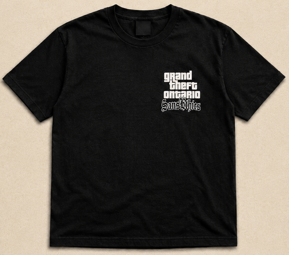 Black t-shirt with a small logo saying, "Grand Theft Ontario Sans Ethics" on the chest against a white background